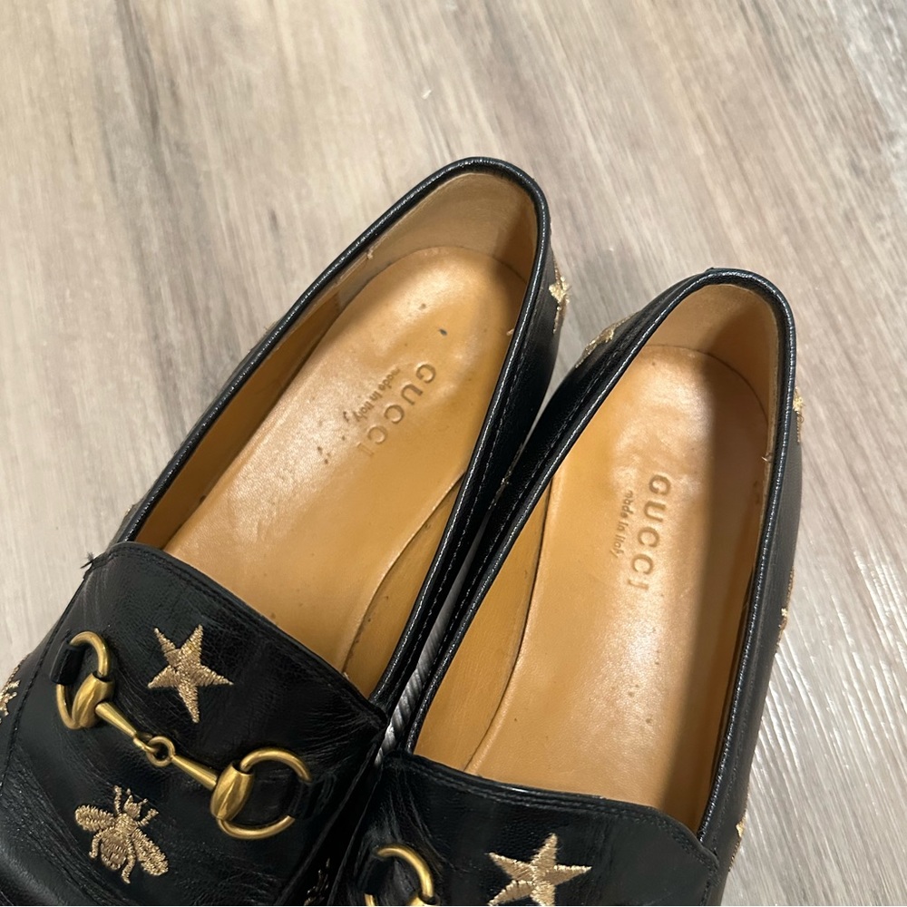 Gucci Black Leather Jordaan Embroidered Bee Horsebit Slip On Loafers Size 37 - Picture 3 of 14